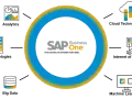 Grafika z logo SAP Business One, otoczona kolorowymi pierścieniami. Ikony symbolizują rozwój firmy i zarządzanie.