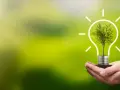 Dłoń trzyma żarówkę z drzewem w środku, symbolizującą zieloną energię. To jakby falownik co to jest, ale dla natury.
