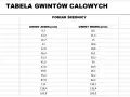 Tabela porównująca gwint BSP (cale) z pomiarami średnicy zewnętrznej i wewnętrznej (mm) oraz ilością zwojów na cal. Zawiera dane dla różnych rozmiarów gwintów, w tym gwint whitwortha.