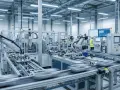 Nowoczesna linia produkcyjna z robotami przemysłowymi, gdzie pracownicy nadzorują procesy i wykonują przeglądy okresowe.