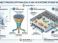 Schemat procesu optymalizacji ABC w systemie Studio WMS.net: zbieranie danych, analiza ABC, układ magazynu i dynamiczne przesunięcia towarów.