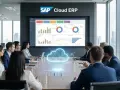 Zespół omawia dane na ekranie z logo SAP Cloud ERP. To pokazuje, sap co to jest: system zarządzania zasobami przedsiębiorstwa w chmurze.