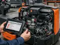 Diagnostyka i naprawa paleciaka za pomocą tabletu. Technik podłącza urządzenie do otwartej maszyny, by sprawdzić jej stan techniczny.