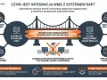 Diagram przedstawia integrację WMS z SAP, pokazując przepływ danych między systemami, usprawniając księgowość, sprzedaż, zakupy, przyjęcia, składowanie i wysyłkę.