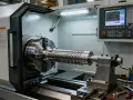 Precyzyjne radełkowanie na tokarce CNC, tworzące spiralny wzór na metalowym wałku.