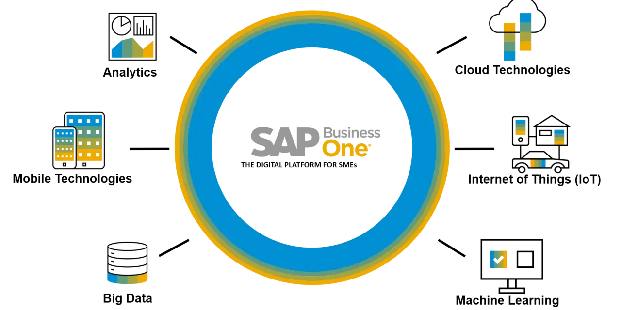 Grafika z logo SAP Business One, otoczona kolorowymi pierścieniami. Ikony symbolizują rozwój firmy i zarządzanie.