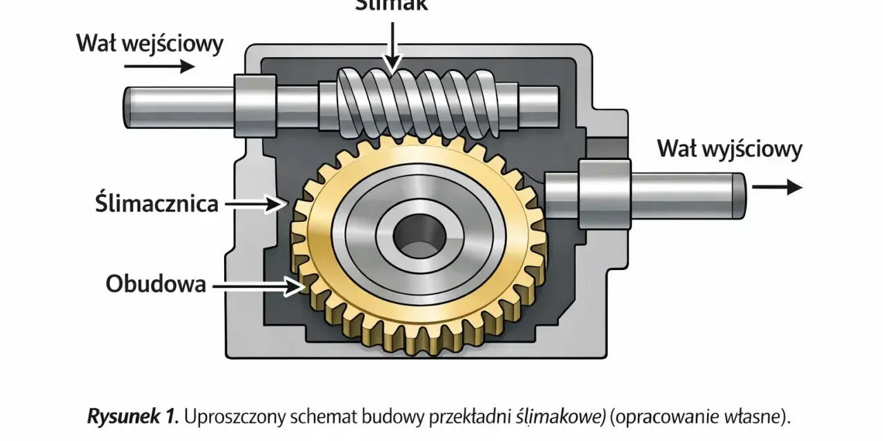 Schemat przekładni falowej: wał wejściowy napędza ślimak, który obraca ślimacznicę w obudowie, przekazując ruch na wał wyjściowy.