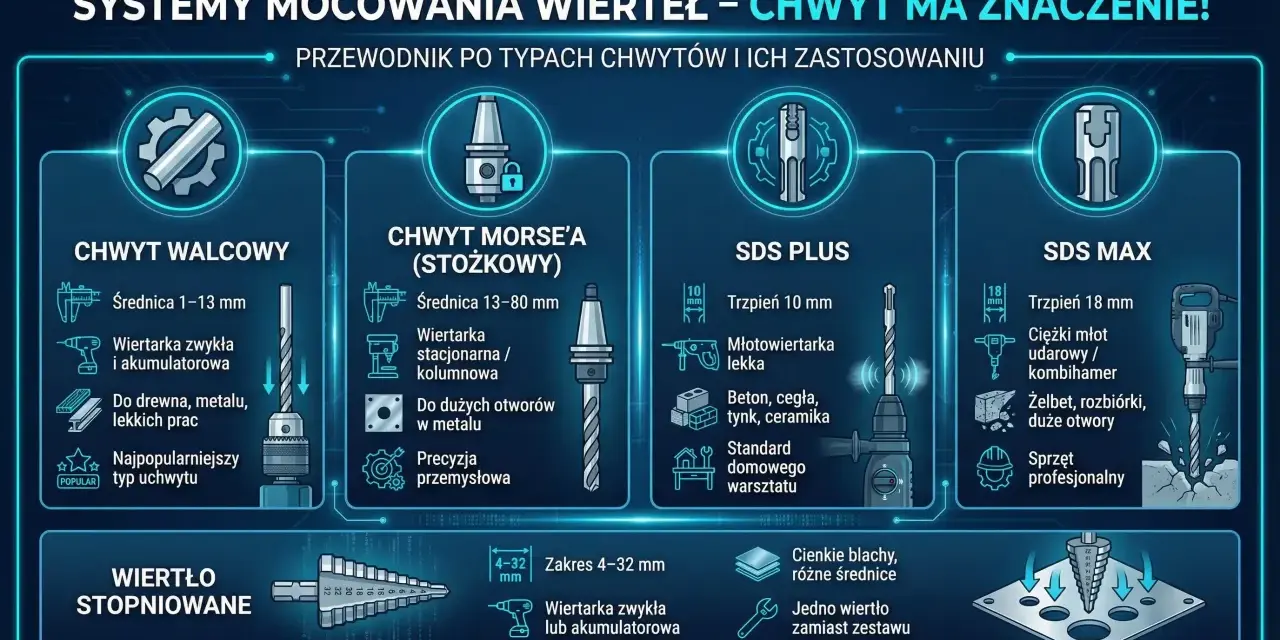 Przewodnik po rodzajach mocowań wierteł: walcowy, Morse'a, SDS Plus i SDS Max, z ich zastosowaniami.
