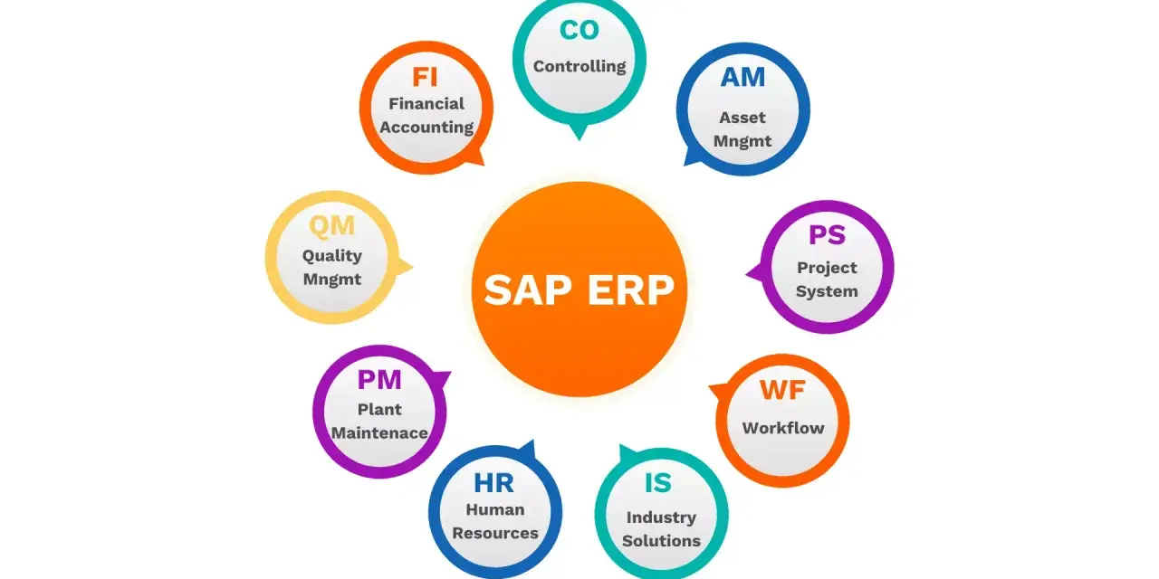 Schemat modułów SAP ERP: FI, CO, AM, PS, WF, IS, HR, PM, QM.