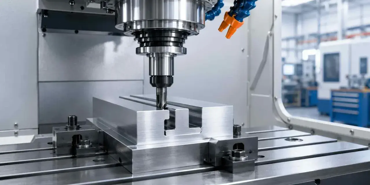 Precyzyjne cięcie metalu przez frez teowy w nowoczesnej maszynie CNC.