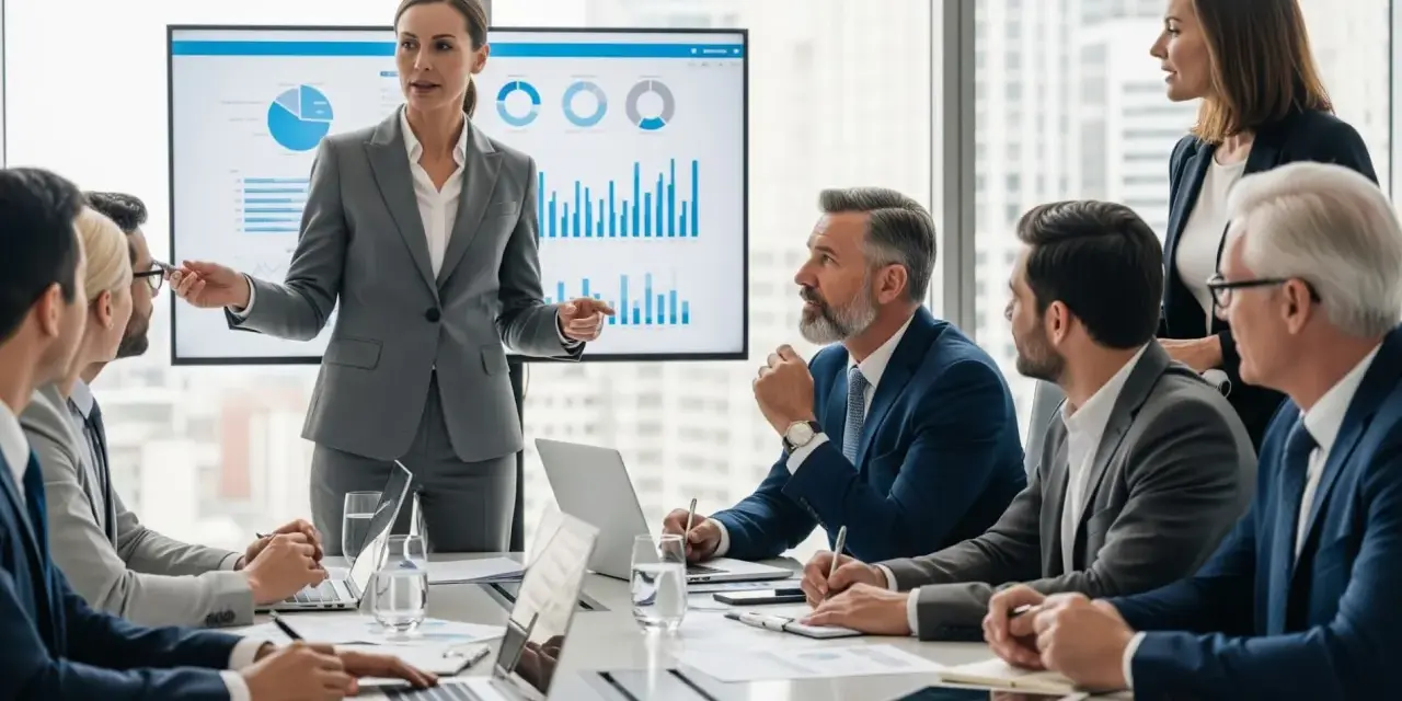 Kobieta prezentuje dane finansowe, omawiając strategię firmy, która może obejmować analizę SAP JPK. Zespół słucha uważnie.