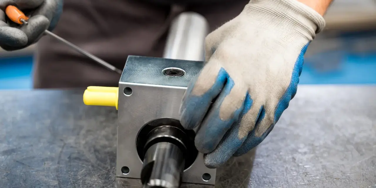 Ręce w rękawiczkach montują element mechaniczny, prawdopodobnie sprzęgła zębate, używając narzędzi.
