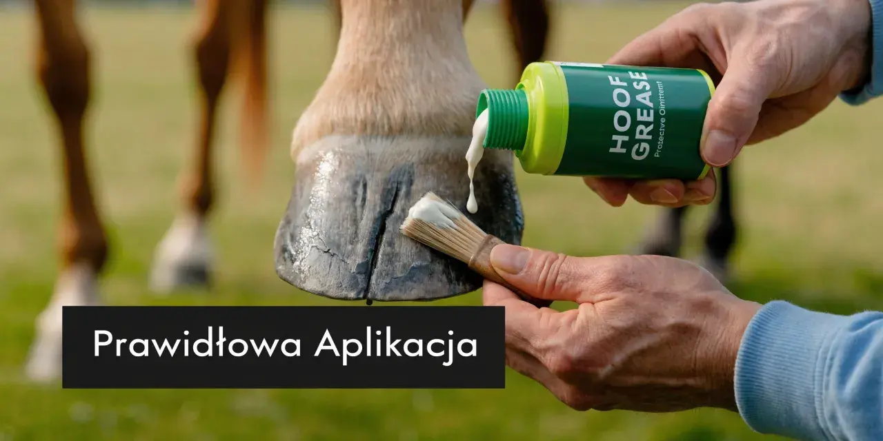 Aplikacja smaru stałego na kopyto konia pędzlem. Dbałość o zdrowie i kondycję zwierzęcia.