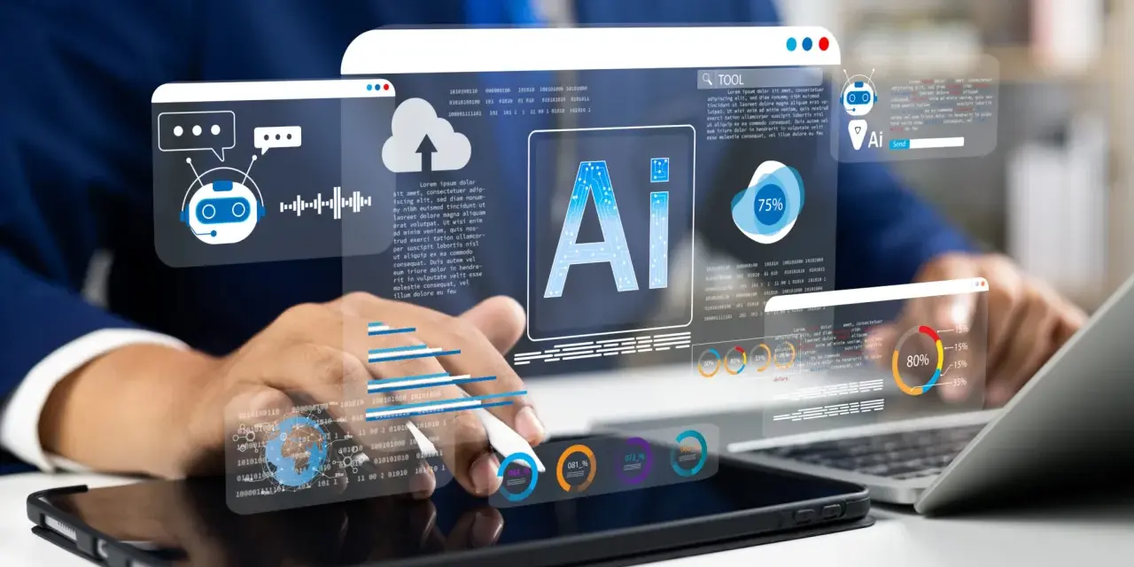 Biznesmen analizuje dane na ekranie z technologią AI, która usprawnia procesy, jak w Epicor ERP.