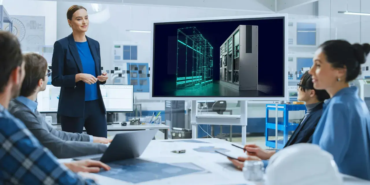 Zespół omawia projekt z wykorzystaniem oprogramowania Siemens PLM. Na ekranie widoczny jest trójwymiarowy model szafy sterowniczej.