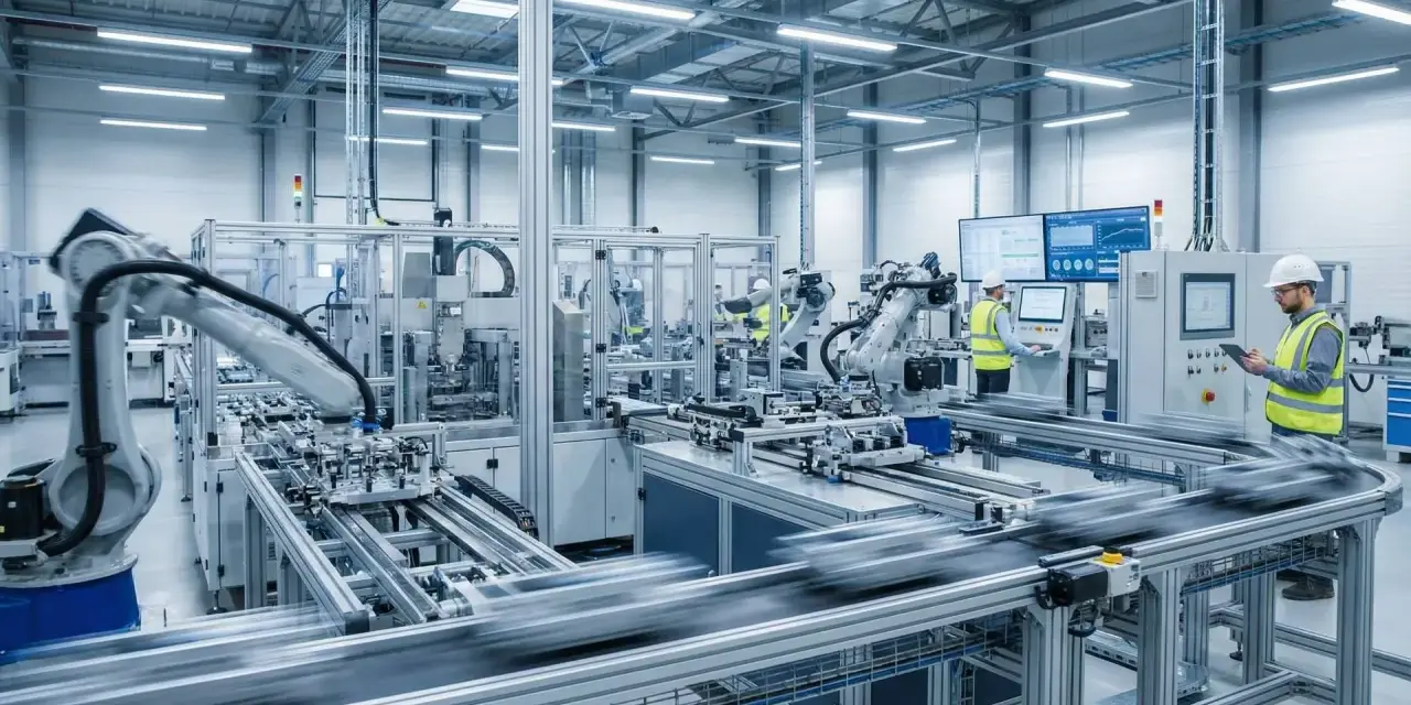 Nowoczesna linia produkcyjna z robotami przemysłowymi, gdzie pracownicy nadzorują procesy i wykonują przeglądy okresowe.