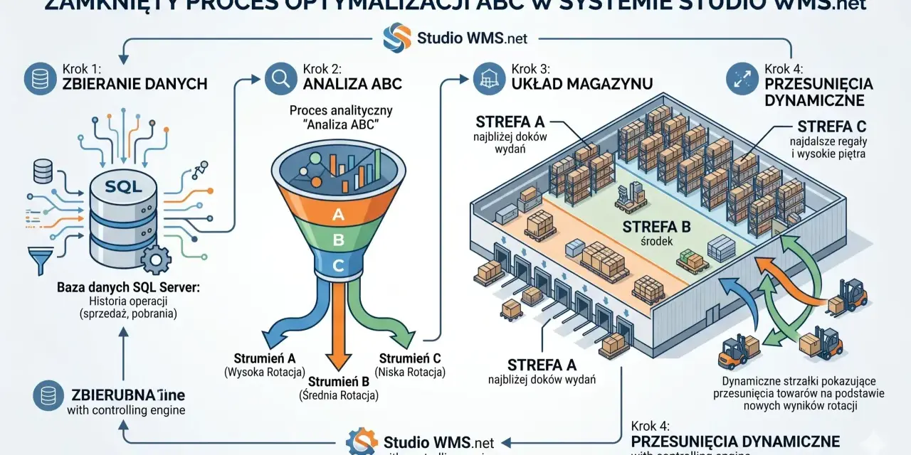 Schemat procesu optymalizacji ABC w systemie Studio WMS.net: zbieranie danych, analiza ABC, układ magazynu i dynamiczne przesunięcia towarów.