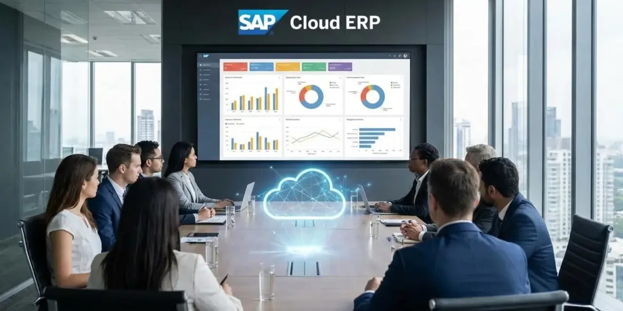 Zespół omawia dane na ekranie z logo SAP Cloud ERP. To pokazuje, sap co to jest: system zarządzania zasobami przedsiębiorstwa w chmurze.