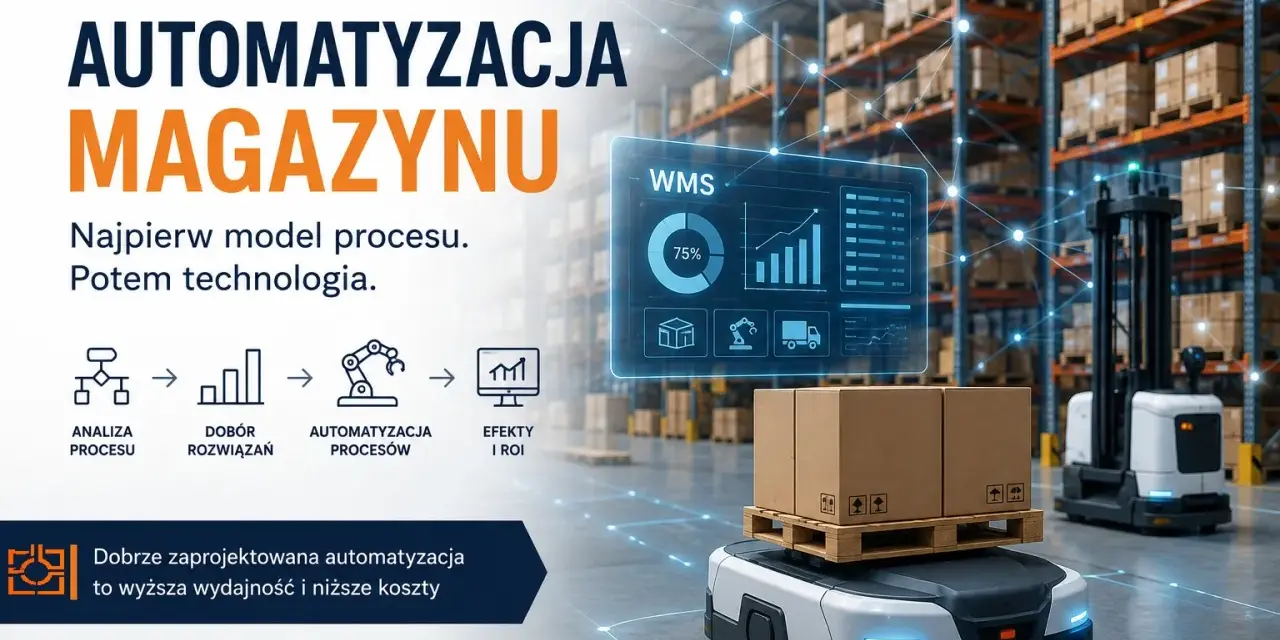Nowoczesny magazyn z autonomicznym robotem transportującym paczki. Automatyzacja magazynu to klucz do efektywności.