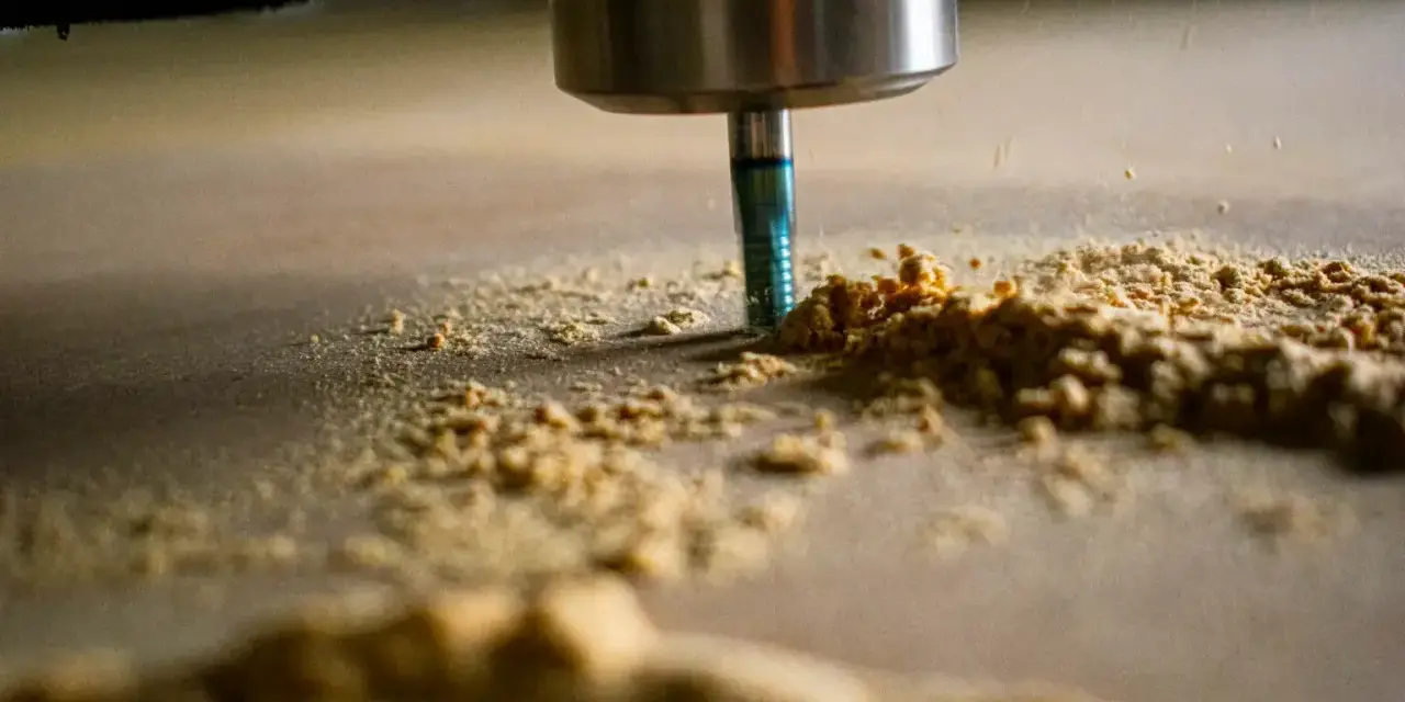 Frezarka CNC obrabia drewno, tworząc wióry. Optymalne parametry skrawania zapewniają precyzję i gładkość powierzchni.