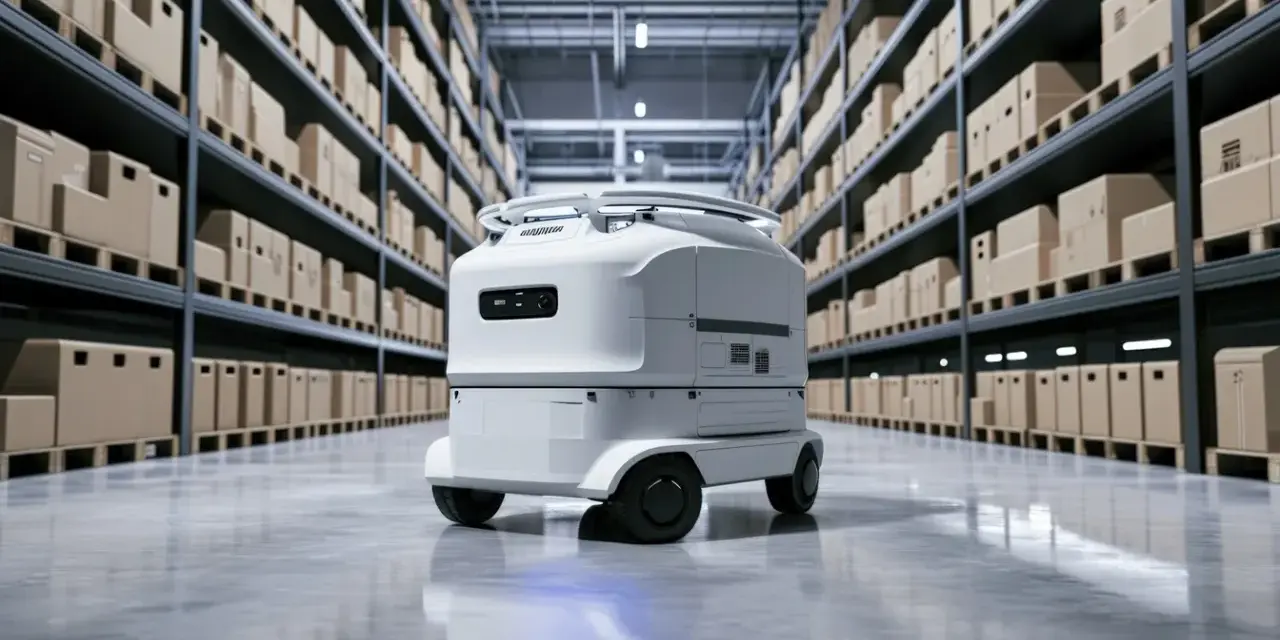 Nowoczesny robot AMR porusza się po magazynie pełnym paczek.
