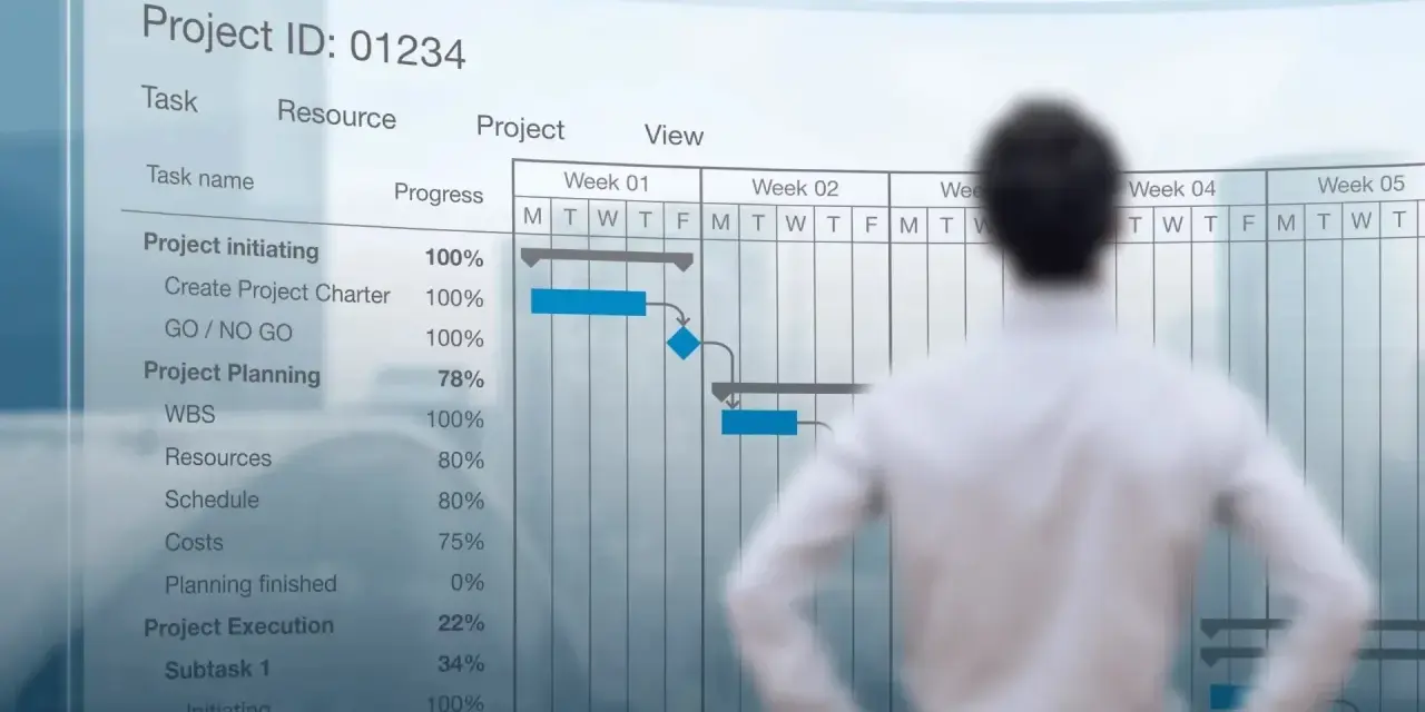 Mężczyzna analizuje wykres Gantta dla projektu aps. Widać postęp prac, zadania i harmonogram.