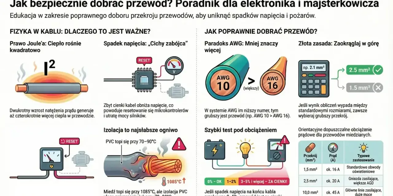 Wykres porównuje przekroje przewodów, pokazując, że grubszy przewód (np. 2.5 mm²) jest lepszy niż cieńszy (1.5 mm²), podobnie jak śruba 8.8 wytrzymałość zapewnia solidne połączenie.