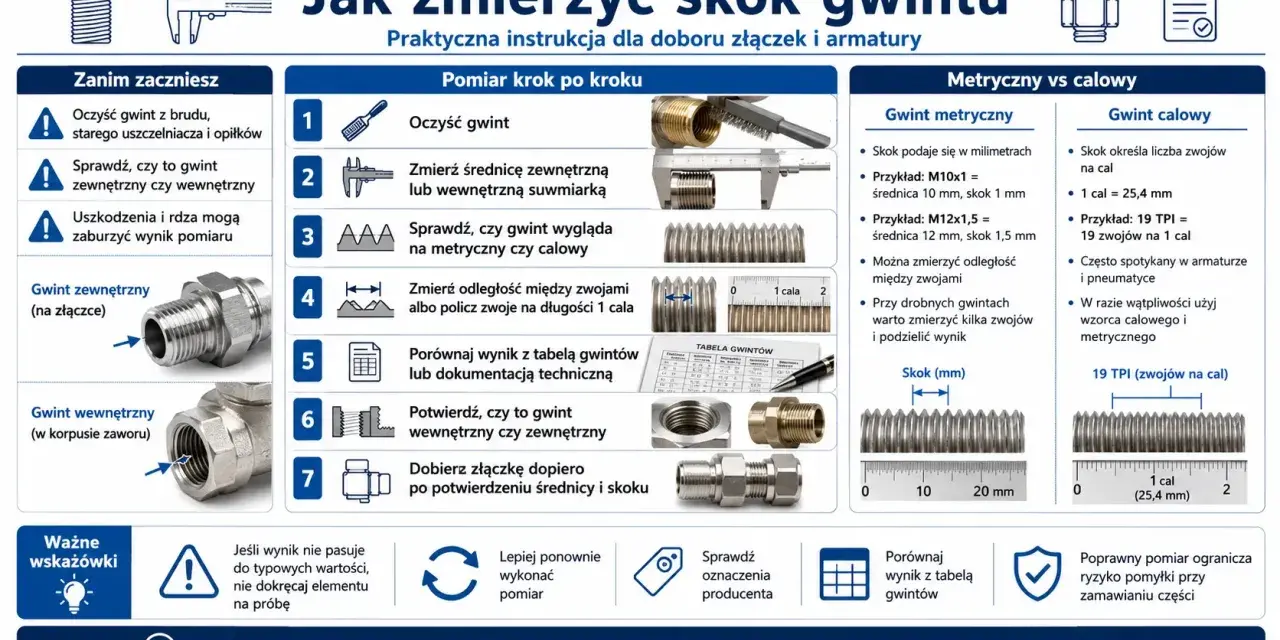Instrukcja mierzenia gwintu: sprawdź gwint metryczny lub calowy, zmierz średnicę i skok. Przykład: gwint M16 wymiary.