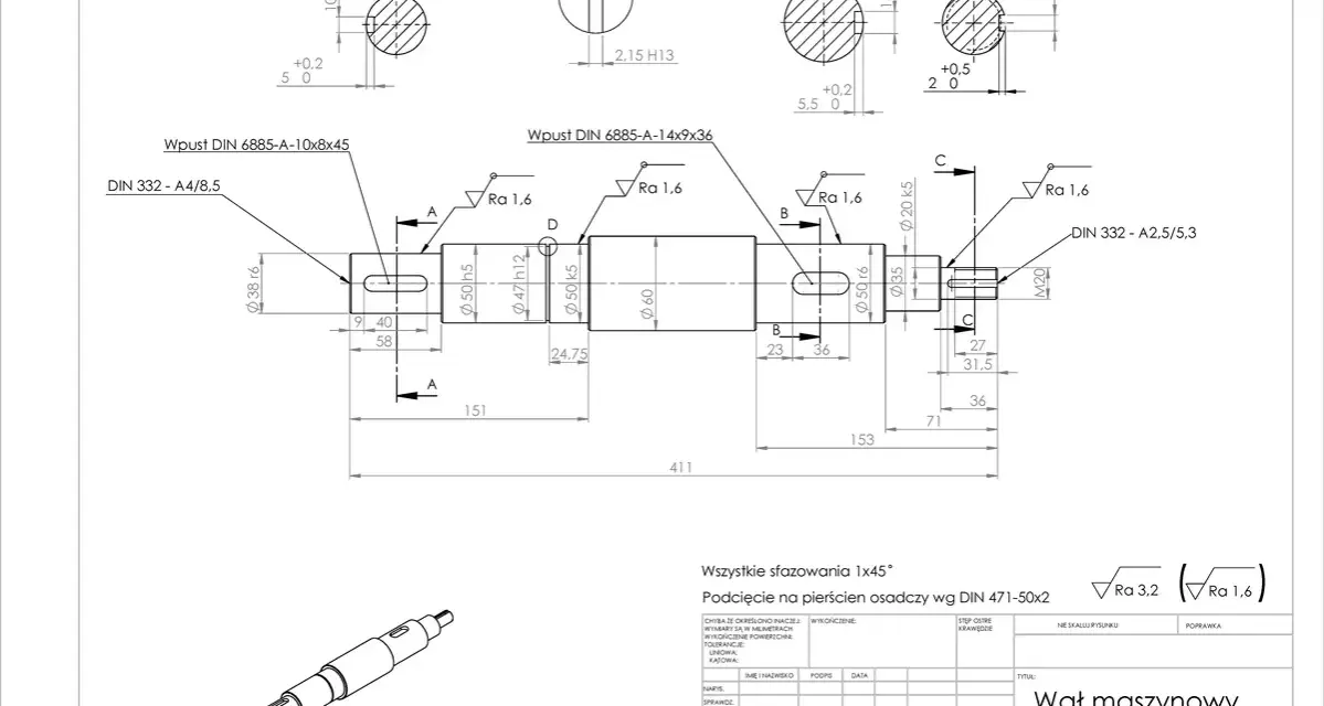 Rysunek techniczny wału maszynowego z wymiarami, tolerancjami i detalami, w tym wpustami i podcięciami. Widać tu również tabelę z danymi technicznymi, gdzie można znaleźć informacje o gwincie trapezowym.