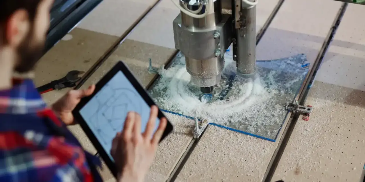 Operator nadzoruje obsługę maszyn CNC, kontrolując proces na tablecie. Frezarka precyzyjnie obrabia materiał.