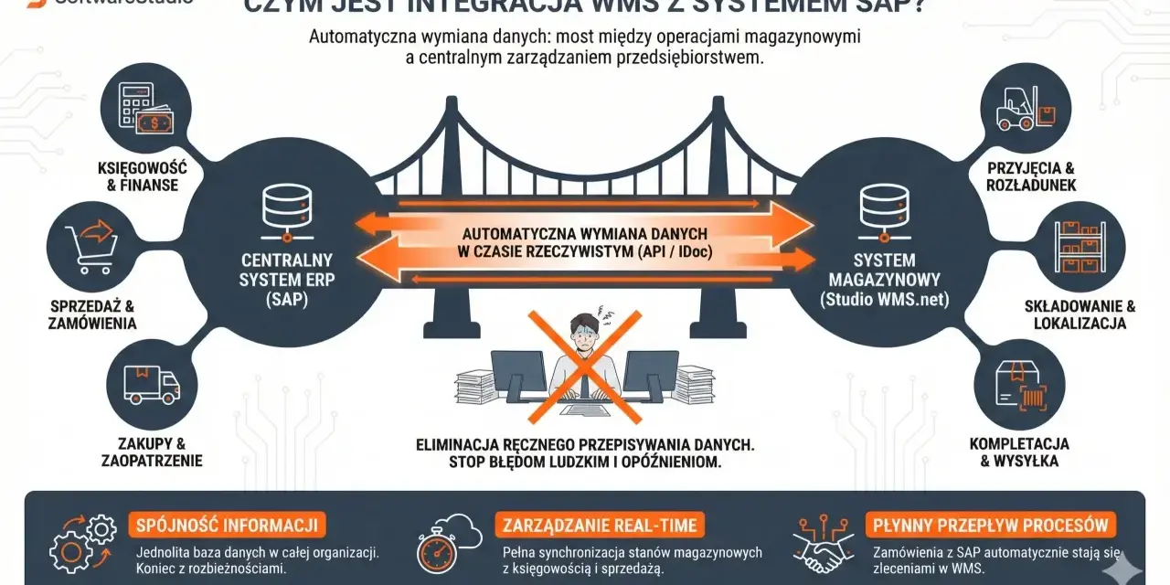 Diagram przedstawia integrację WMS z SAP, pokazując przepływ danych między systemami, usprawniając księgowość, sprzedaż, zakupy, przyjęcia, składowanie i wysyłkę.