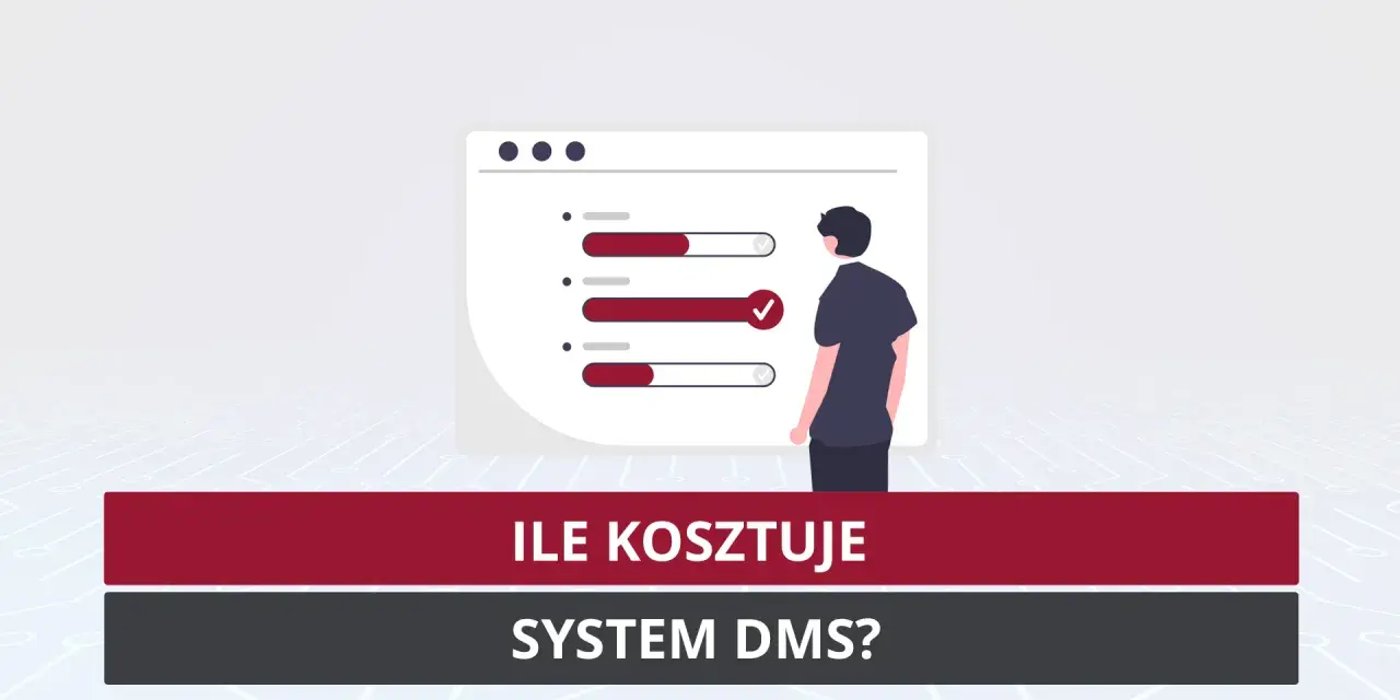 Ilustracja przedstawia mężczyznę patrzącego na ekran z paskami postępu, symbolizującymi wdrożenie systemu zarządzania dokumentami.