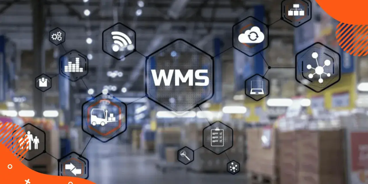 System WMS co to? Grafika przedstawia schemat zarządzania magazynem z ikonami symbolizującymi logistykę, chmurę, sieć i ludzi.