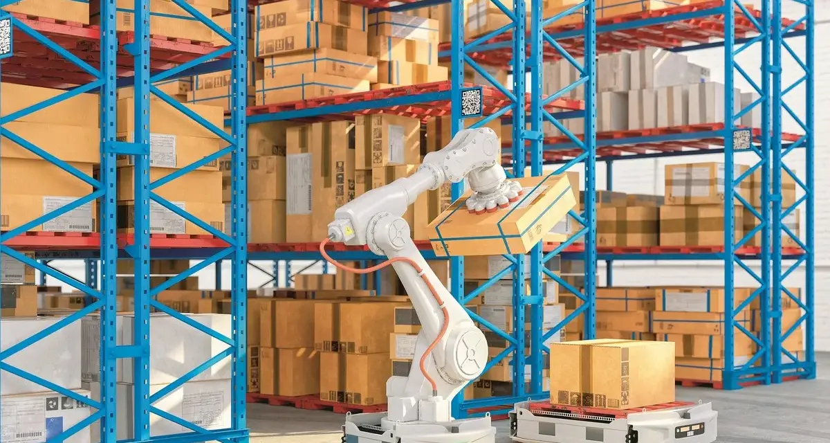 Nowoczesny magazyn z robotem i autonomicznym wózkiem, pokazujące innowacje w logistyce przykłady automatyzacji.