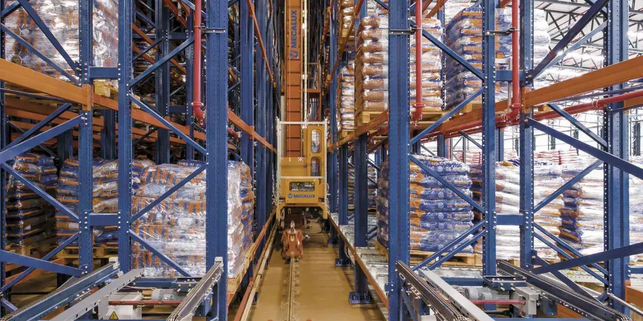Automatyczny **stacker crane** porusza się po torach w magazynie wysokiego składowania, między regałami pełnymi towarów.