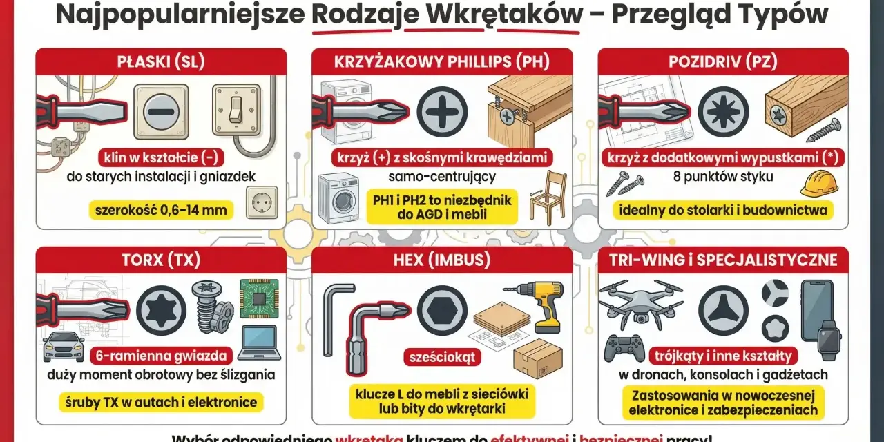 Przegląd rodzajów śrubokrętów: płaski, krzyżakowy (PH, PZ), Torx, imbus, Tri-Wing. Wybierz właściwy do pracy.