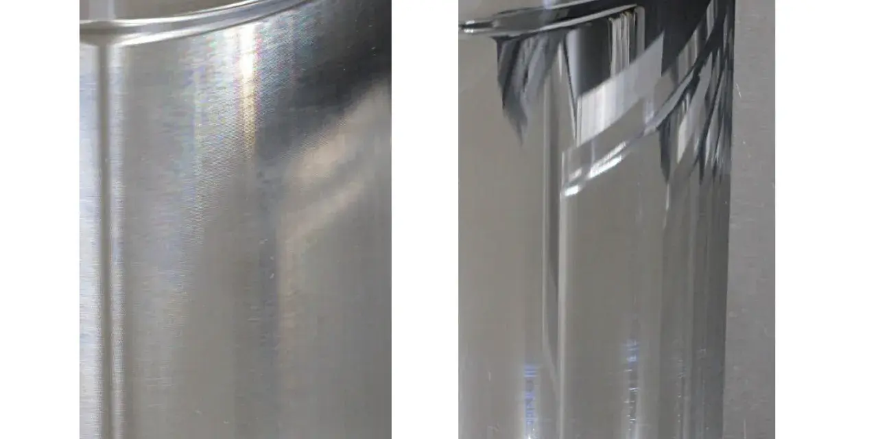Dwa detale aluminiowe: jeden z widocznymi śladami po polerowaniu, drugi idealnie wypolerowany, lśniący.