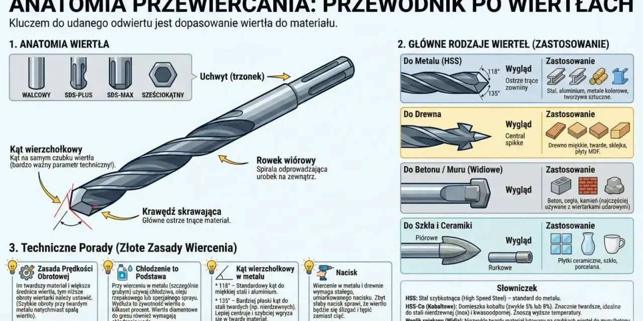 Anatomia wiertarki stołowej: budowa, rodzaje wierteł do metalu, drewna, betonu, szkła i ceramiki, oraz porady.