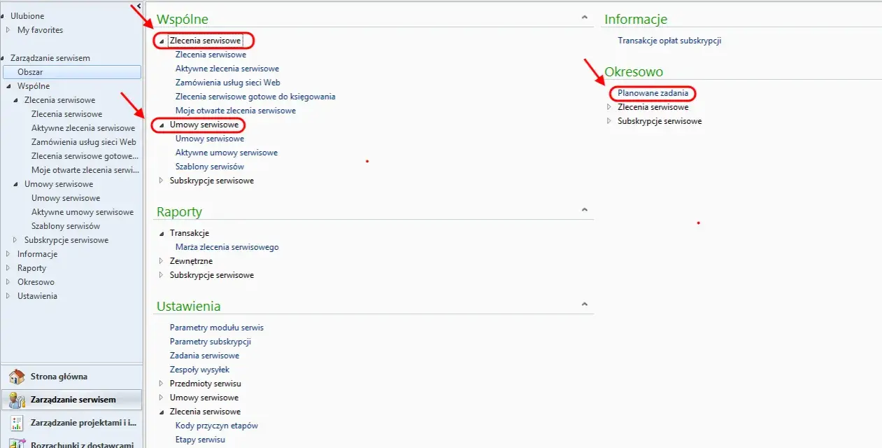 W Microsoft Dynamics AX 2012, w sekcji "Okresowo" widoczne są "Planowane zadania" dotyczące zleceń i subskrypcji serwisowych.