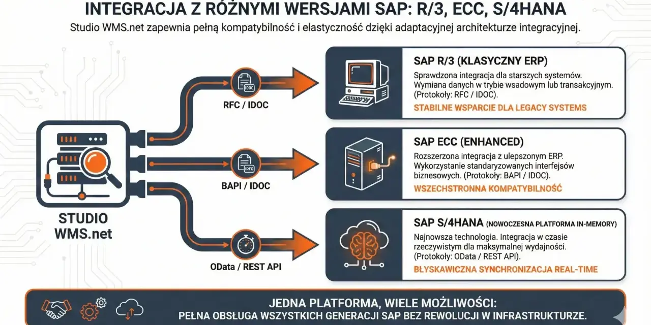 Studio WMS.net integruje różne wersje SAP (R/3, ECC, S/4HANA) przez RFC, IDOC, BAPI i OData/REST API, zapewniając płynną wymianę danych.