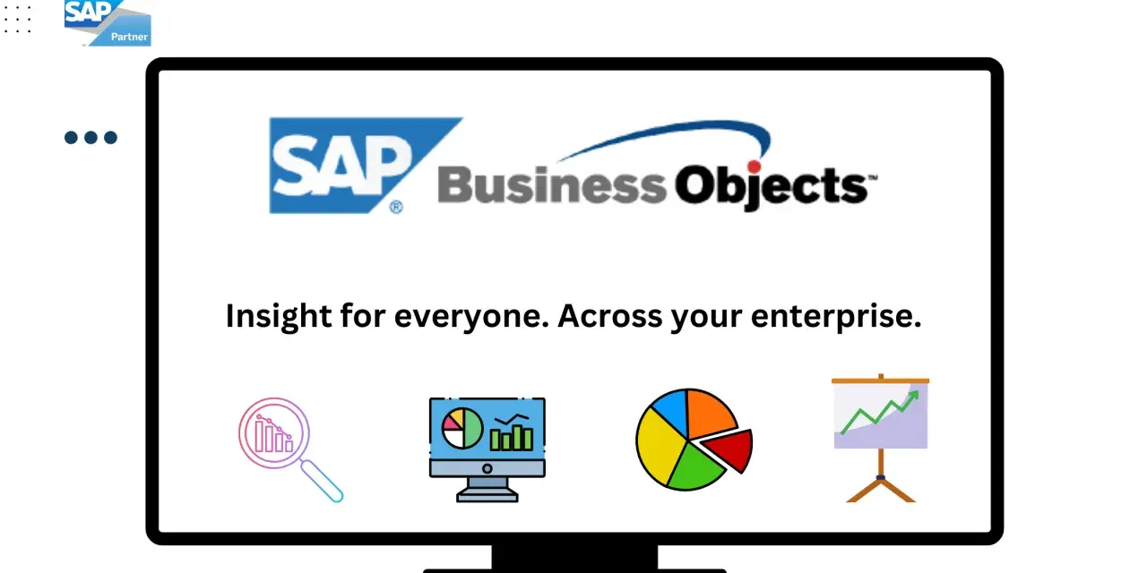 Ekran z logo SAP Business Objects i hasłem "Insight for everyone. Across your enterprise." Obok ikony lupy z wykresem, komputera z danymi, wykresu kołowego i tablicy z rosnącym wykresem.