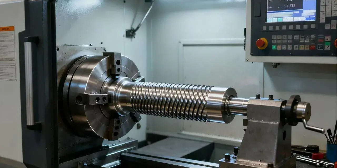 Precyzyjne radełkowanie na tokarce CNC, tworzące spiralny wzór na metalowym wałku.