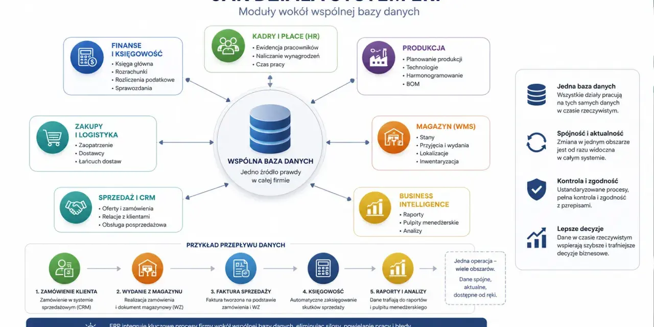 Schemat działania systemu ERP, ukazujący moduły (finanse, kadry, produkcja, zakupy, magazyn, sprzedaż, BI) połączone ze wspólną bazą danych. To kluczowy element sprawnego systemu zaopatrzenia.