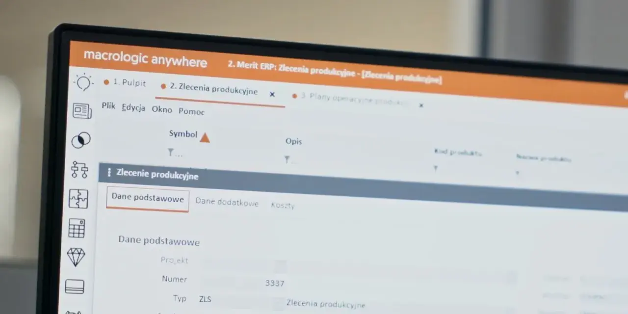 Ekran komputera z interfejsem systemu Merit ERP, widoczne zlecenie produkcyjne z danymi podstawowymi.