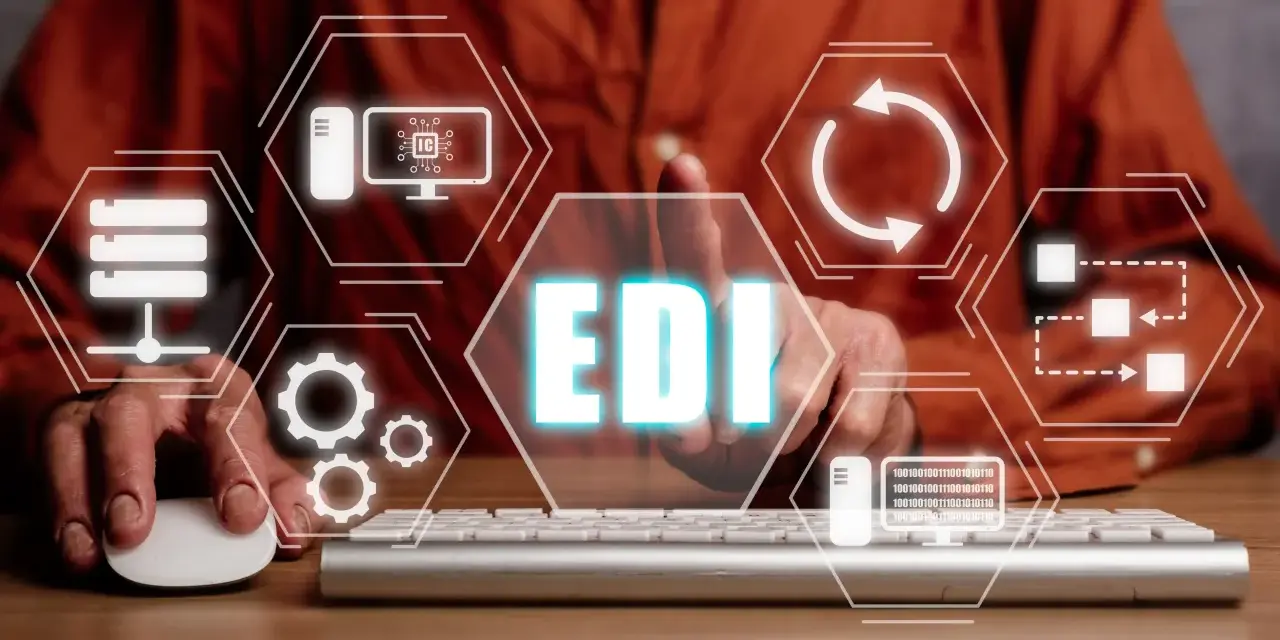 Elektroniczna wymiana danych (EDI) w praktyce: ikony symbolizujące serwery, procesy, dane i technologię.