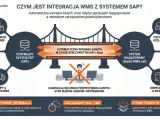 Diagram przedstawia integrację WMS z SAP, pokazując przepływ danych między systemami, usprawniając księgowość, sprzedaż, zakupy, przyjęcia, składowanie i wysyłkę.
