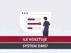 Ilustracja przedstawia mężczyznę patrzącego na ekran z paskami postępu, symbolizującymi wdrożenie systemu zarządzania dokumentami.