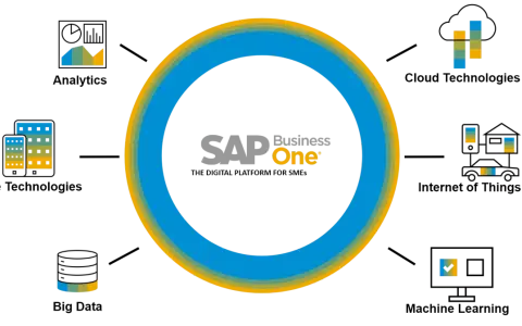 Grafika z logo SAP Business One, otoczona kolorowymi pierścieniami. Ikony symbolizują rozwój firmy i zarządzanie.