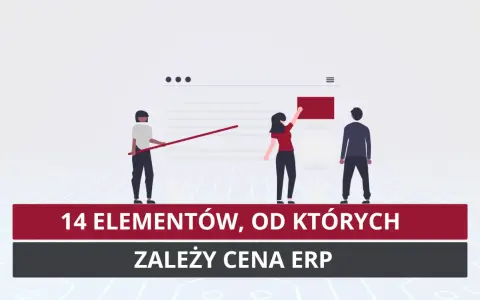 Trzy postacie analizują dane na ekranie, sugerując kluczowe elementy wpływające na cenę systemu Oracle ERP.