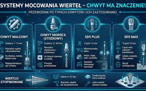 Przewodnik po rodzajach mocowań wierteł: walcowy, Morse'a, SDS Plus i SDS Max, z ich zastosowaniami.